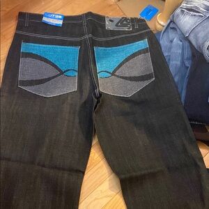Blue and Black Relaxed Fit Jeans with Geometric Accents